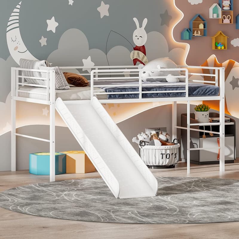 Twin Loft Bed with Slide & Guardrails for Kids (White)
