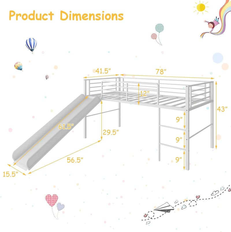 Twin Loft Bed with Slide & Guardrails for Kids (White)