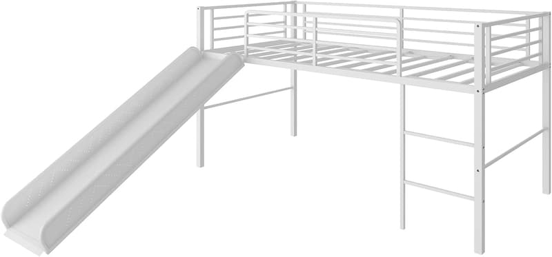 Twin Loft Bed with Slide & Guardrails for Kids (White)
