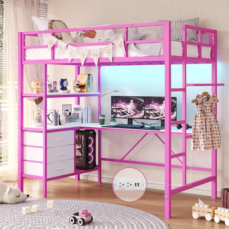 Pink Twin Metal Loft Bed with Desk, LED Lights & Storage