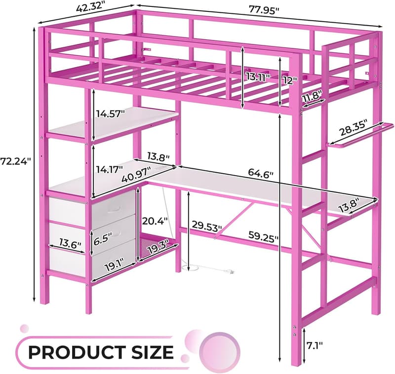 Pink Twin Metal Loft Bed with Desk, LED Lights & Storage