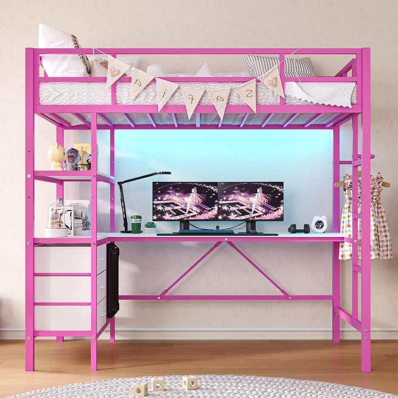 Pink Twin Metal Loft Bed with Desk, LED Lights & Storage