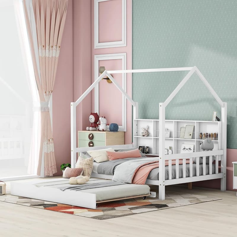 Kids House Bed with Trundle and Storage Shelves for Girls and Boys