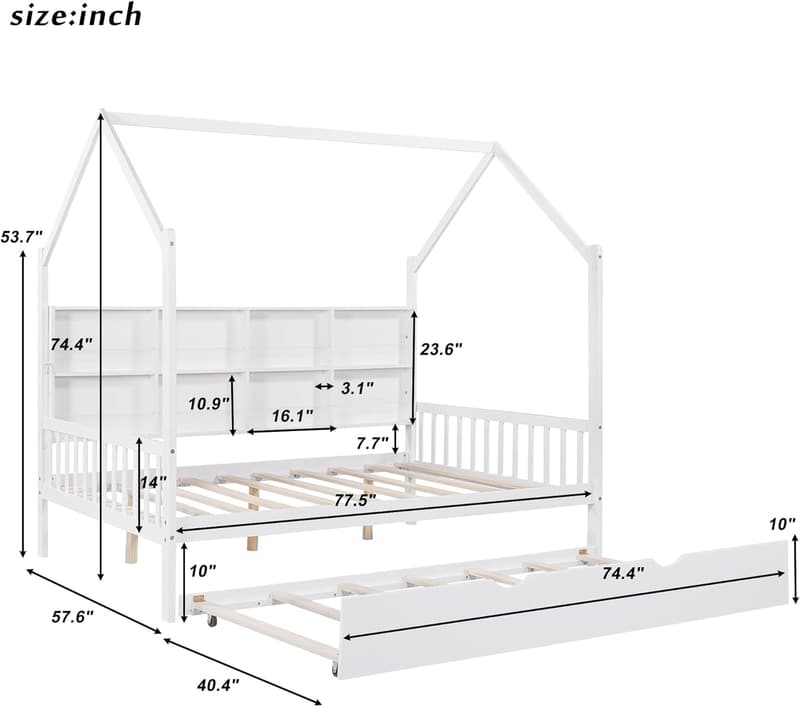 Kids House Bed with Trundle and Storage Shelves for Girls and Boys