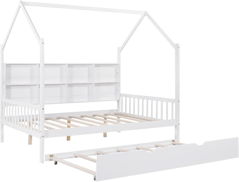 Kids House Bed with Trundle and Storage Shelves for Girls and Boys