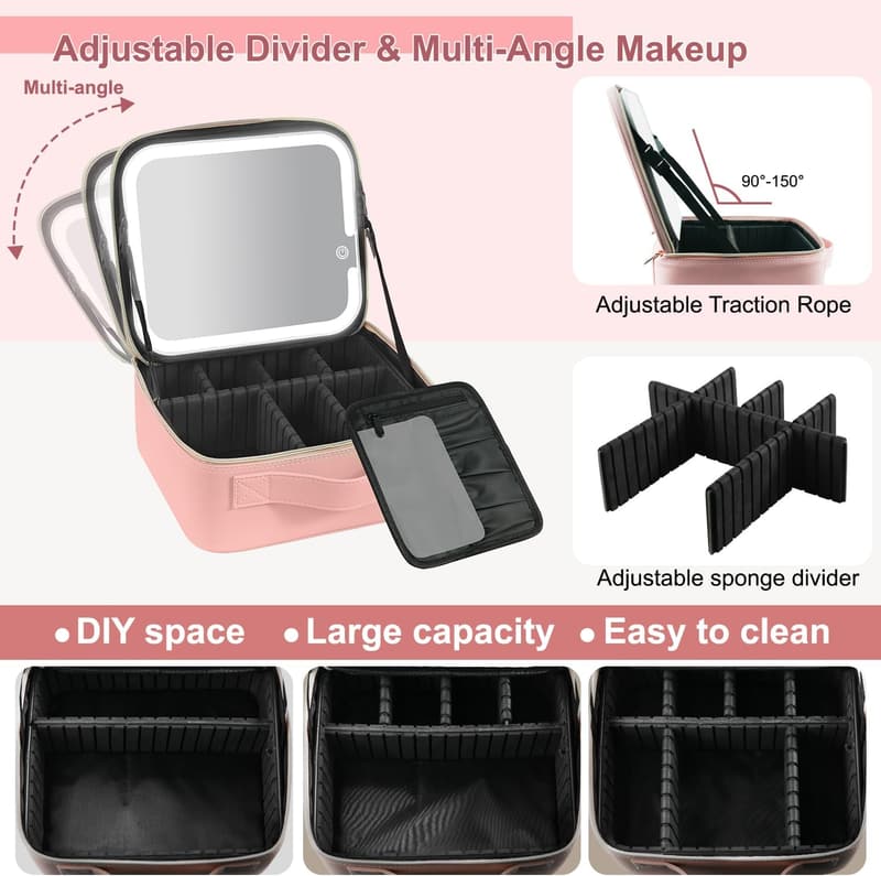 Lighted Travel Makeup Case with Adjustable Divider
