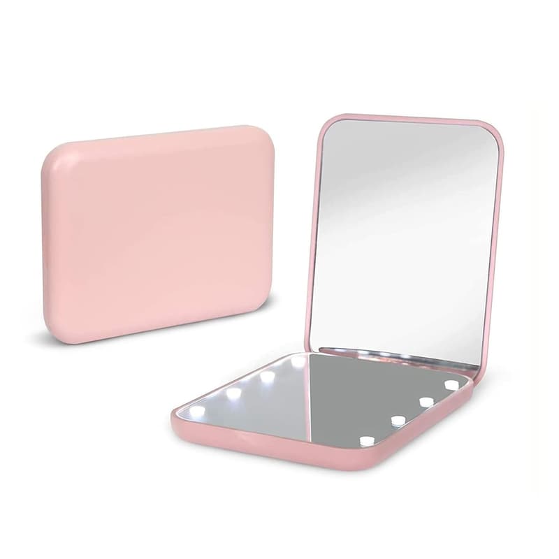 LED Compact Travel Makeup Mirror with 1X/3X Magnification - Pink