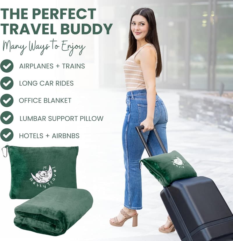 Portable Travel Blanket with Bag - Lightweight Airplane Blanket (Forest Green)