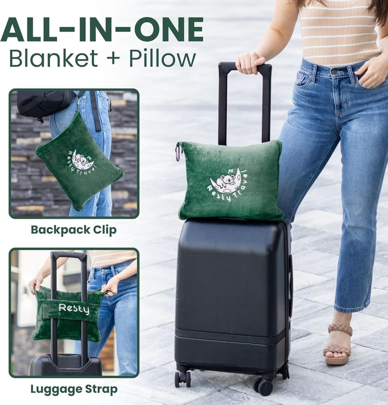 Portable Travel Blanket with Bag - Lightweight Airplane Blanket (Forest Green)