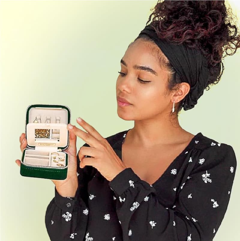 Emerald Velvet Jewelry Box with Mirror - Travel Organizer