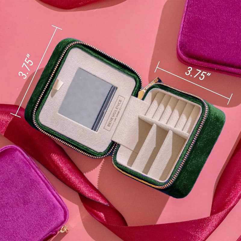 Emerald Velvet Jewelry Box with Mirror - Travel Organizer