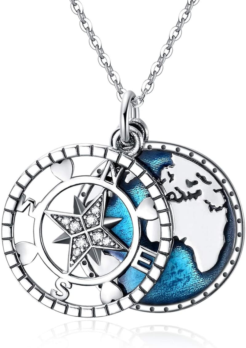 Travel Map Compass Necklace in Sterling Silver for Women and Men