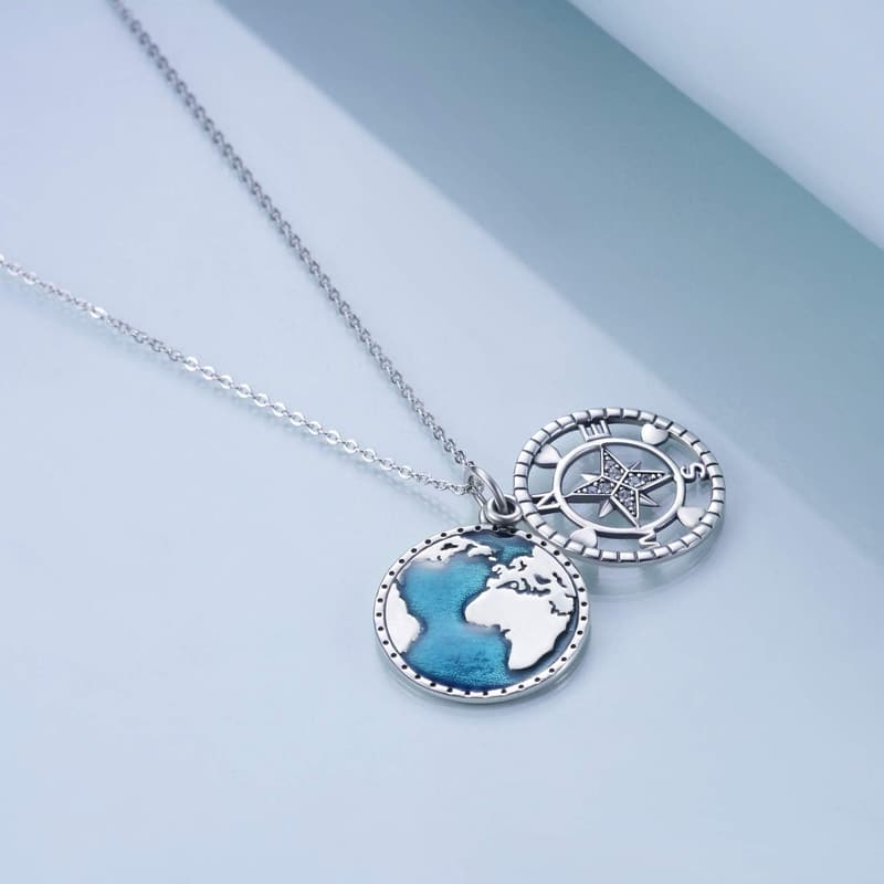 Travel Map Compass Necklace in Sterling Silver for Women and Men