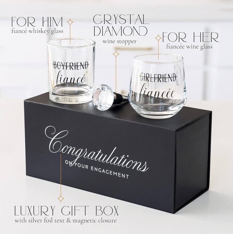 Engagement Gift: Whiskey Glasses with Diamond Stopper for Couples
