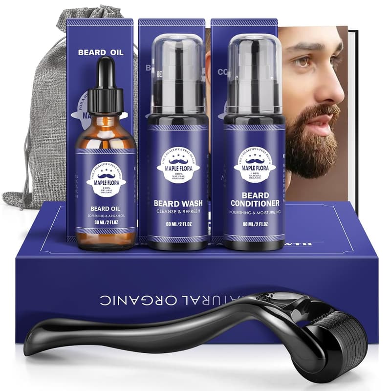 Beard Care Gift Set with Oil, Wash, Conditioner & Roller