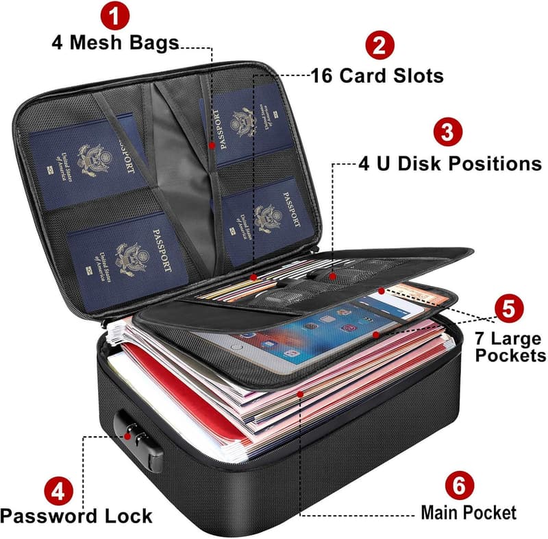 Fireproof Document Bag with Lock - Portable 3-Layer Organizer
