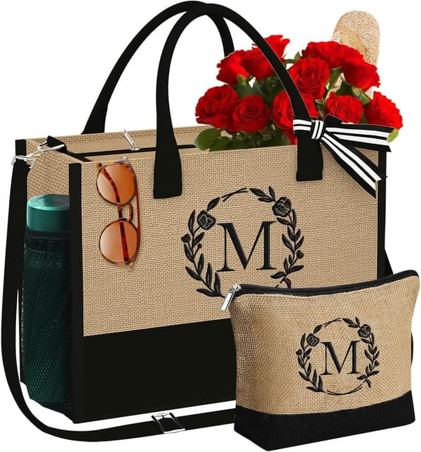 Personalized Initial Jute Tote & Makeup Bag for Women’s Birthday