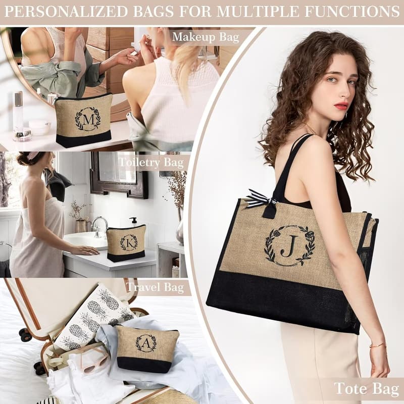 Personalized Initial Jute Tote & Makeup Bag for Women’s Birthday