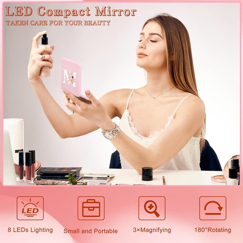 Personalized LED Compact Mirror - Travel & Makeup Gift for Women