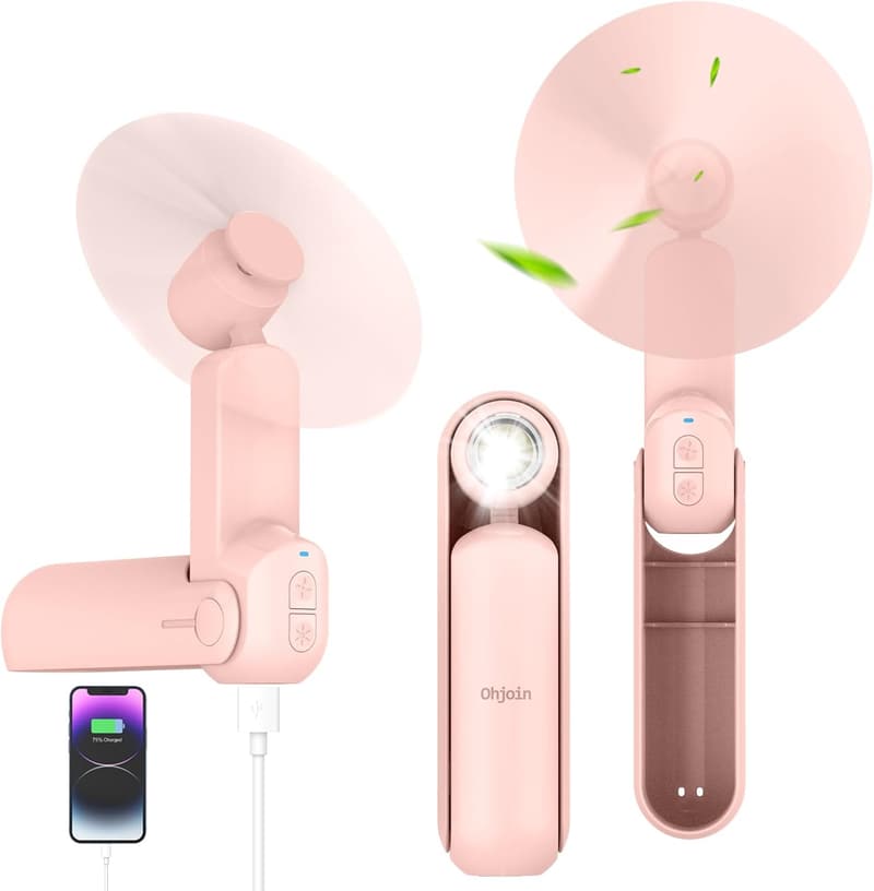 Portable Mini Handheld Fan with Power Bank & Flashlight - Pink