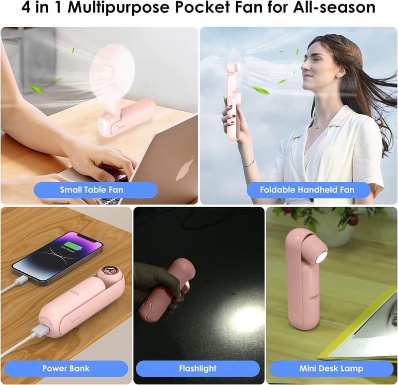 Portable Mini Handheld Fan with Power Bank & Flashlight - Pink