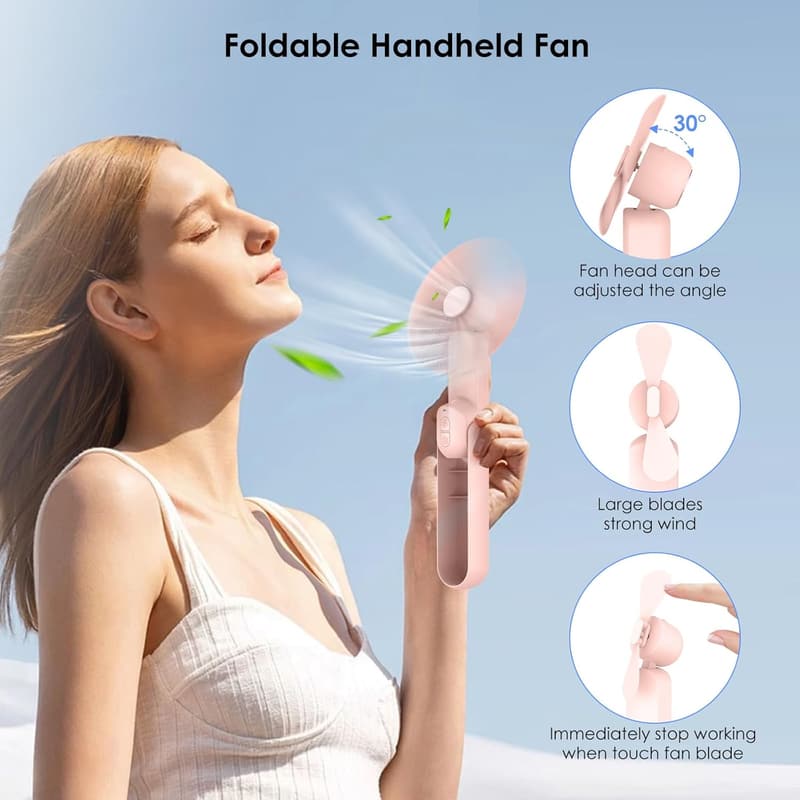 Portable Mini Handheld Fan with Power Bank & Flashlight - Pink