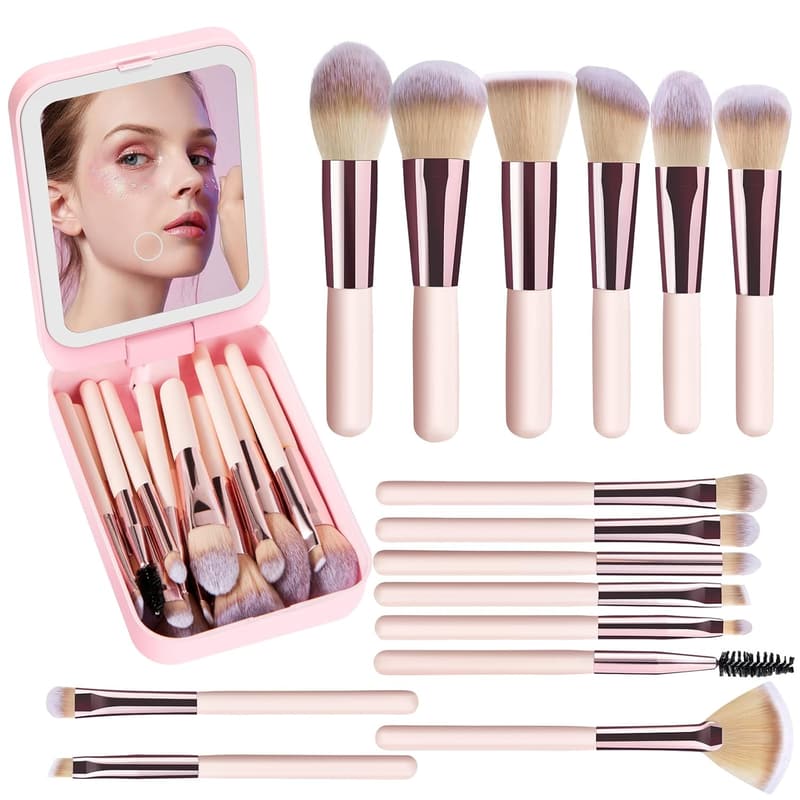 Tween Birthday Travel Makeup Brush Set with LED Mirror (Pink)