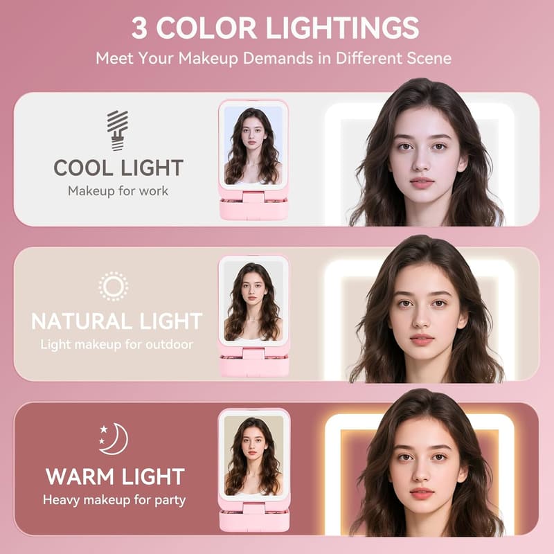Tween Birthday Travel Makeup Brush Set with LED Mirror (Pink)