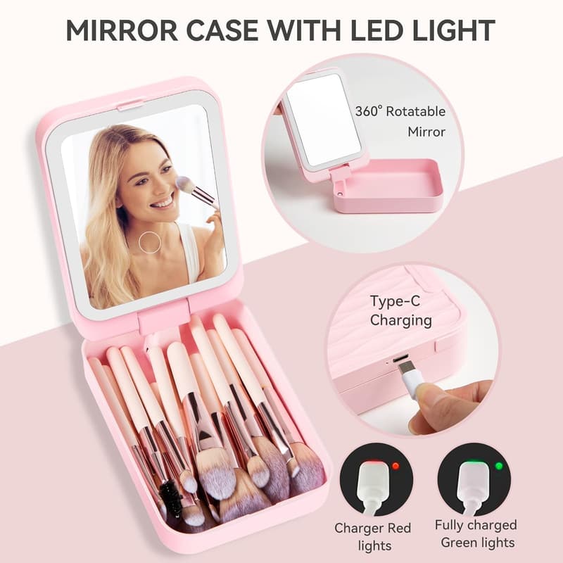 Tween Birthday Travel Makeup Brush Set with LED Mirror (Pink)