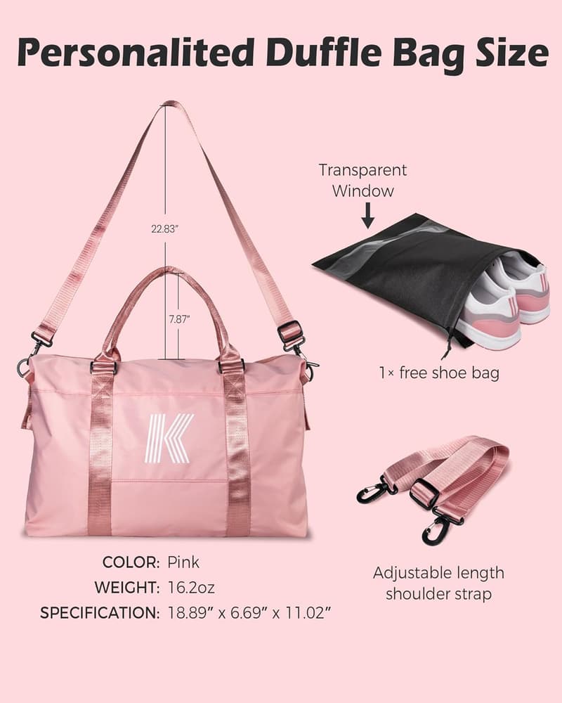 Monogram Initial Travel Duffel Bag for Girls, Age 8-16