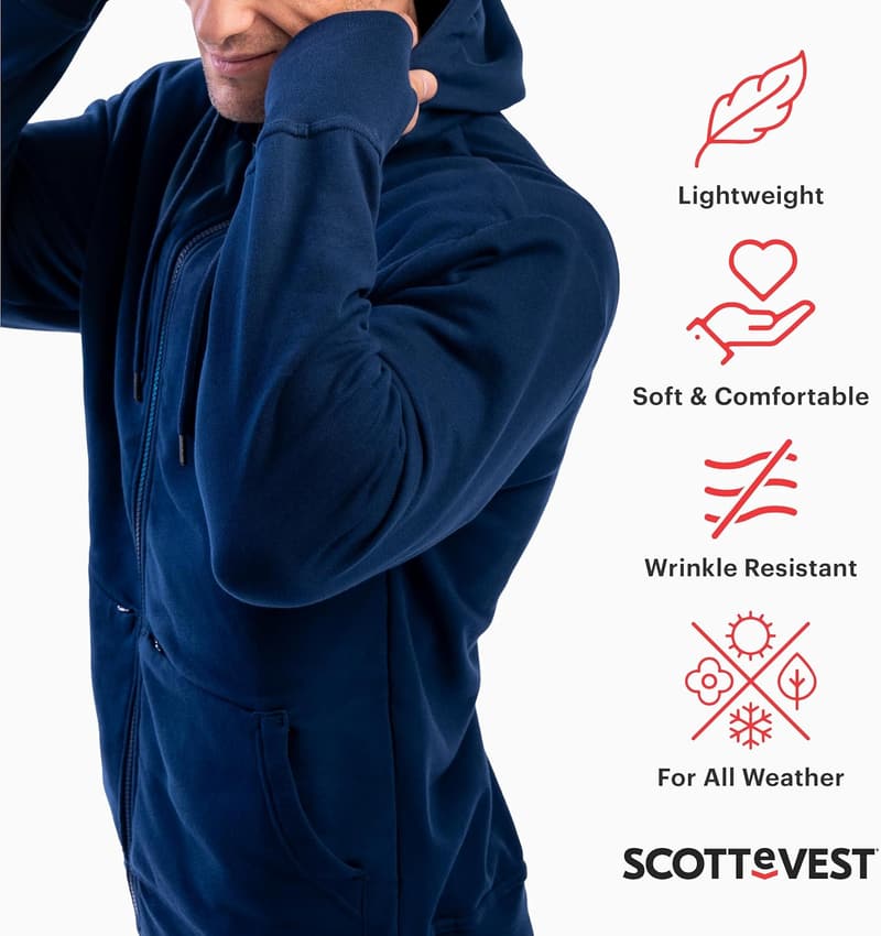 Men's Lightweight Zip-Up Hoodie with 21 Hidden Pockets