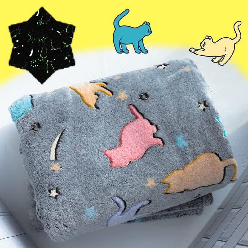 Glow in the Dark Cat Throw Blanket with Storage Bag, 50