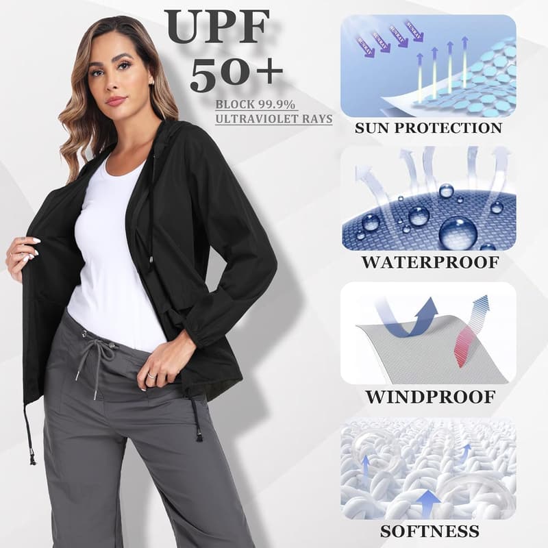 Lightweight Waterproof Packable Hooded Raincoat for Women