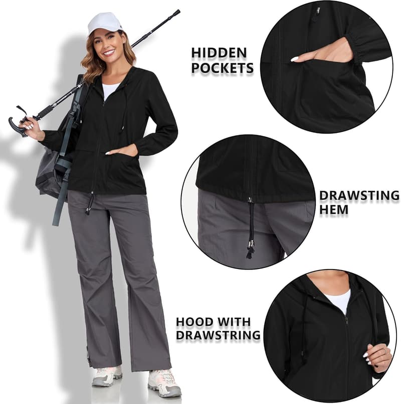 Lightweight Waterproof Packable Hooded Raincoat for Women