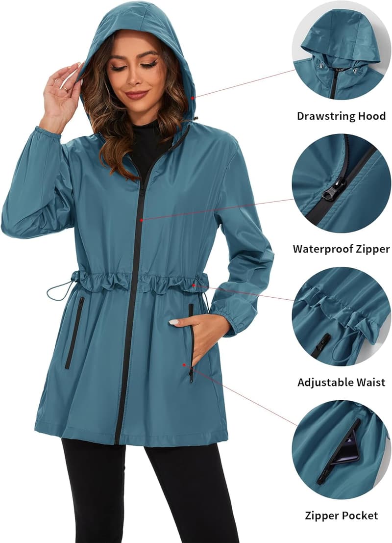 Women's Waterproof Packable Hooded Rain Jacket with Pocket