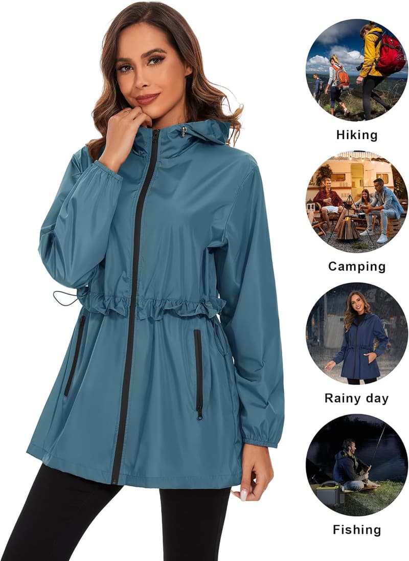 Women's Waterproof Packable Hooded Rain Jacket with Pocket