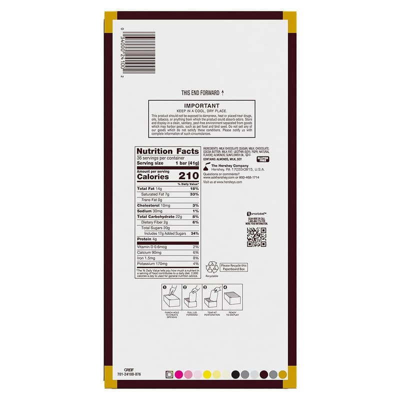 HERSHEY'S Milk Chocolate Almond Bars, 36 Count