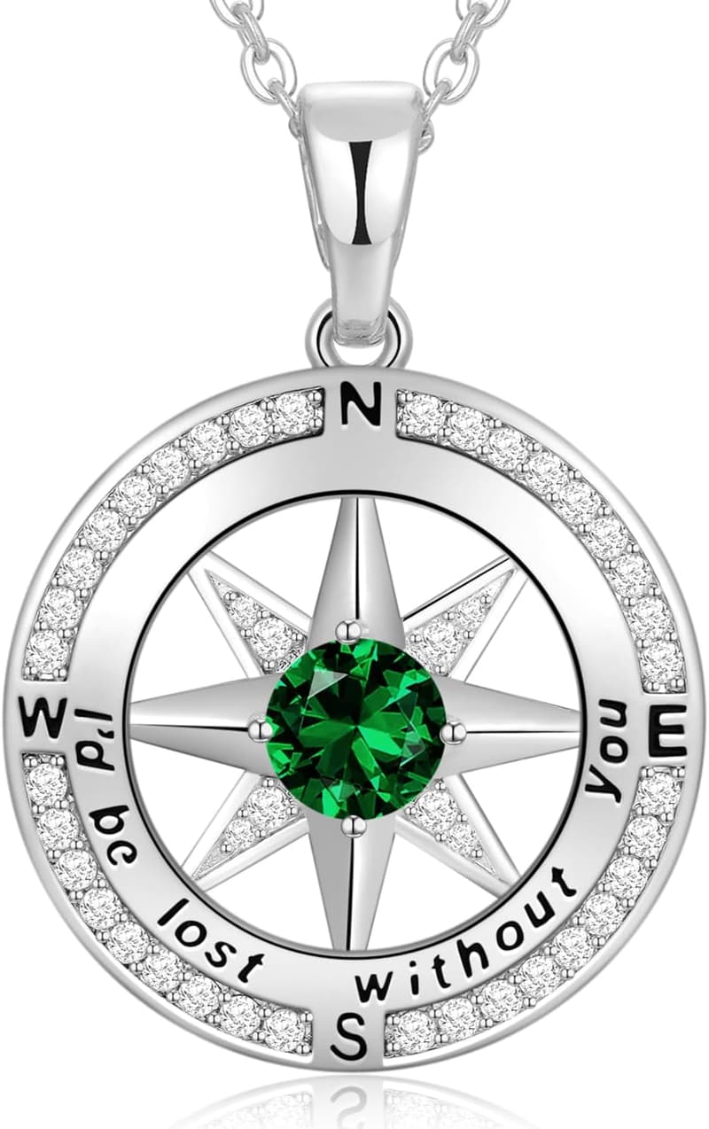 Birthday Gift: Compass Birthstone Necklace in S925 Sterling Silver