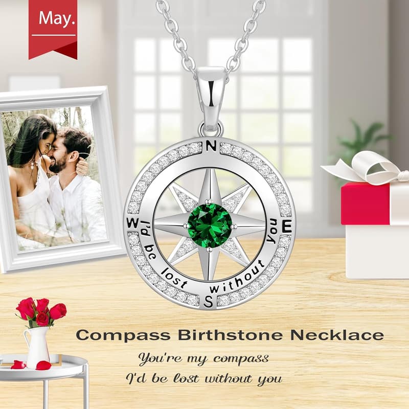 Birthday Gift: Compass Birthstone Necklace in S925 Sterling Silver