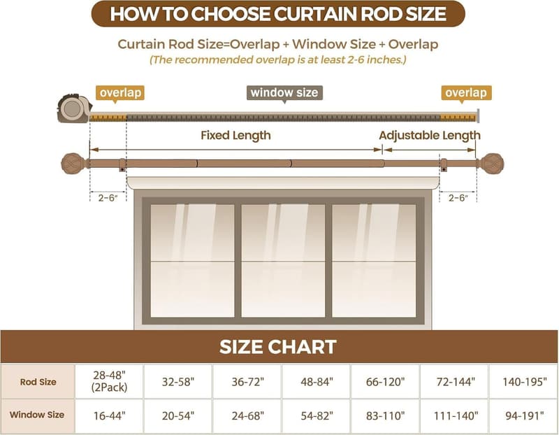 Heavy Duty Adjustable Curtain Rod (72-144 Inches) with Decorative Finials