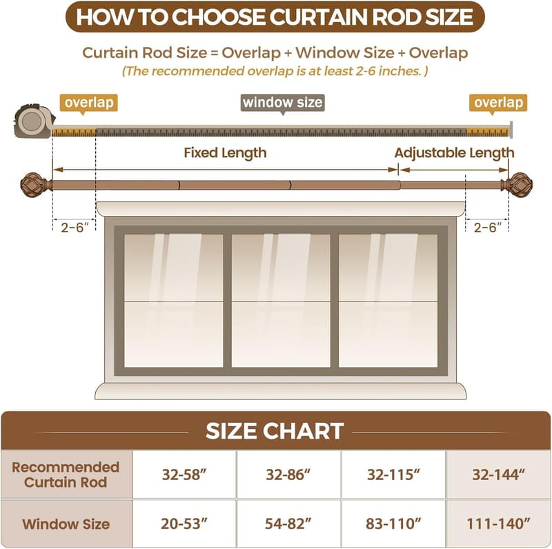 Heavy-Duty Black Curtain Rods, 72-144 Inches, Twisted Ends