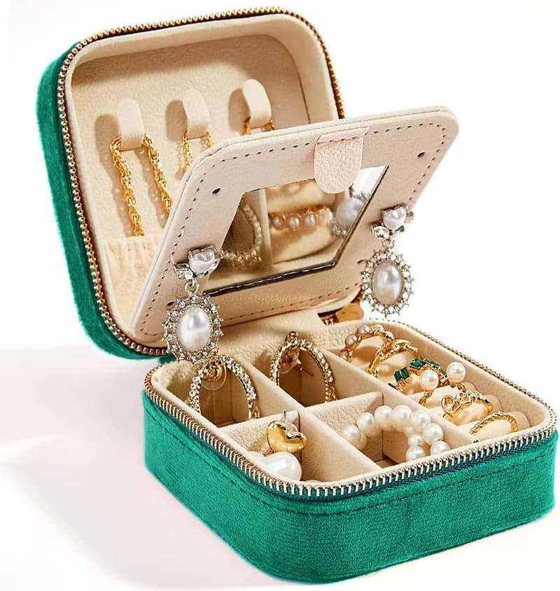 Portable Velvet Jewelry Box with Mirror for Women