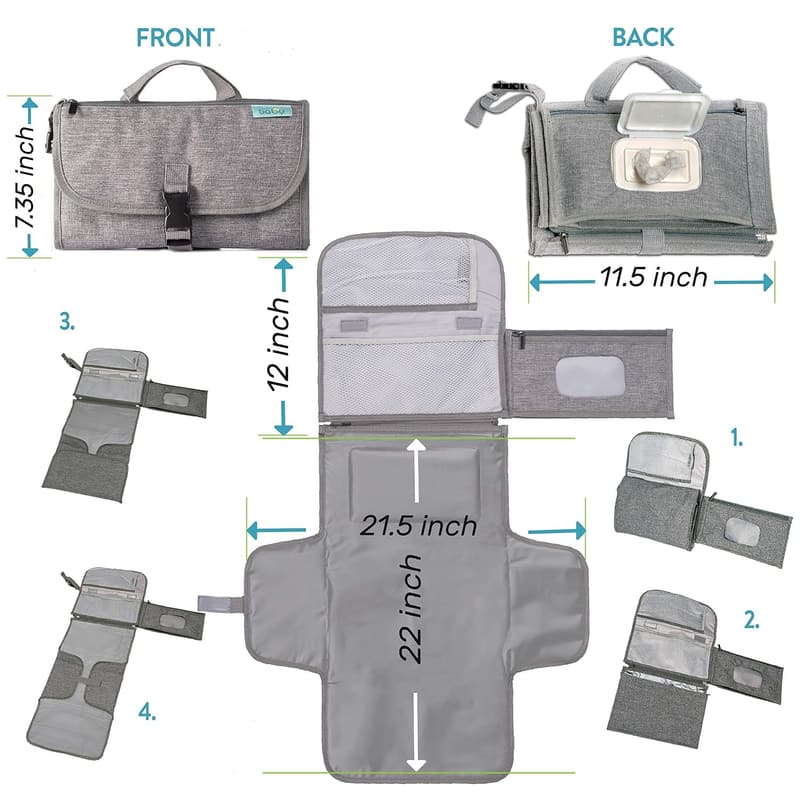 Portable Diaper Changing Pad with Wipes Pocket - Grey