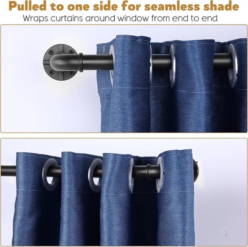 Black Adjustable Industrial Curtain Rod for Windows 66-120 Inches