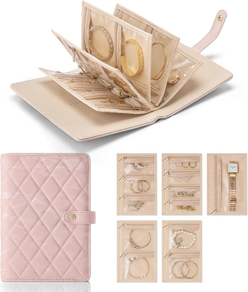 Travel Jewelry Organizer Case with Clear Zipper Pouch - Sand Pink