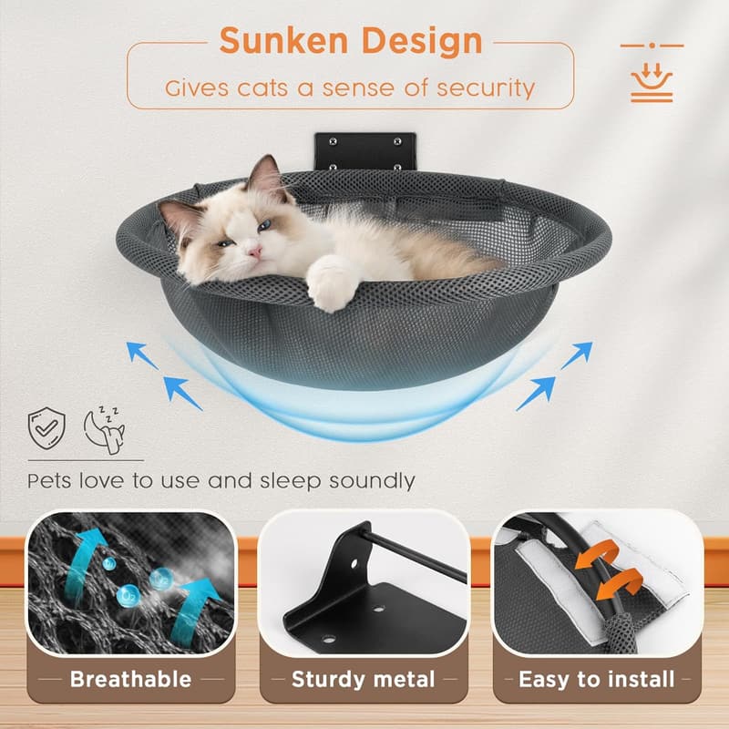 Foldable Wall-Mounted Cat Hammock - Stable Breathable Bed (Gray)