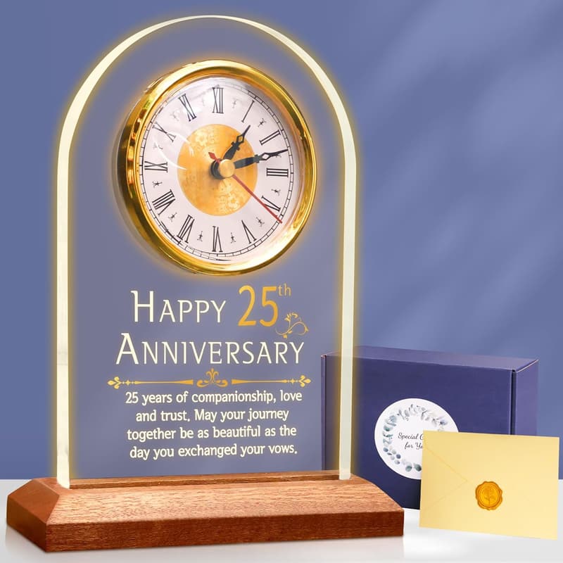 25th Anniversary Quartz Clock with Wooden Base for Couples
