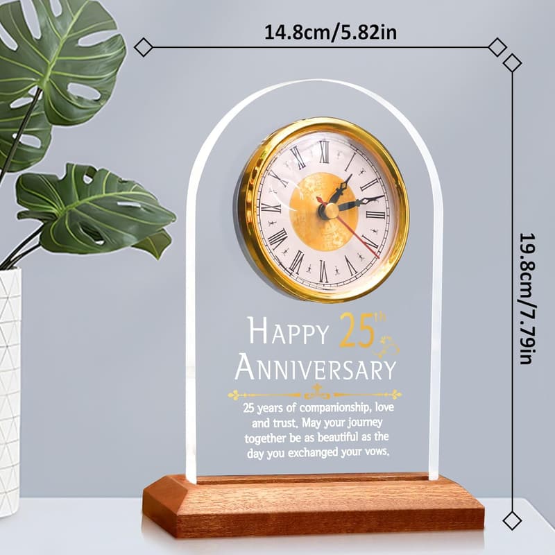 25th Anniversary Quartz Clock with Wooden Base for Couples