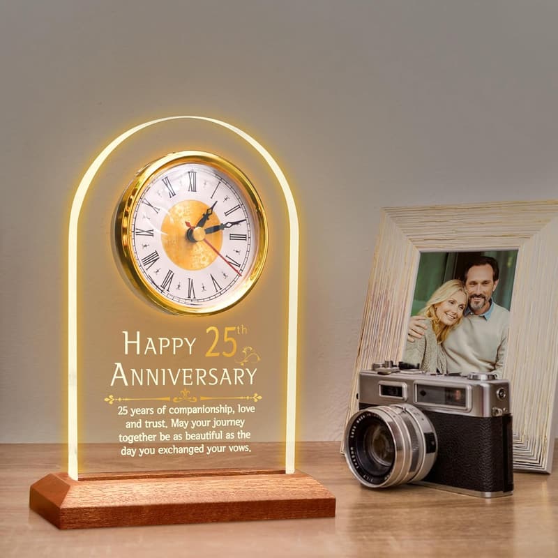 25th Anniversary Quartz Clock with Wooden Base for Couples