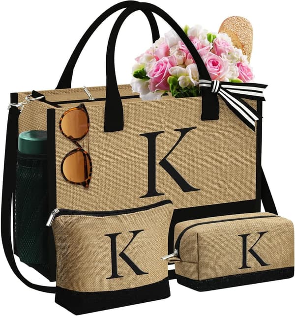 Personalized Birthday Gift: Initial Jute Tote & Makeup Bags for Women
